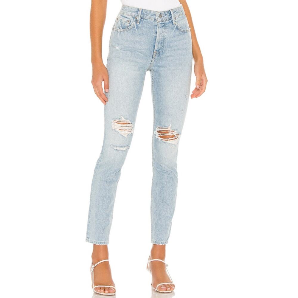 new GRLFRND Denim light wash distressed slim tapered Karolina jeans Don't Speak - Picture 6 of 11